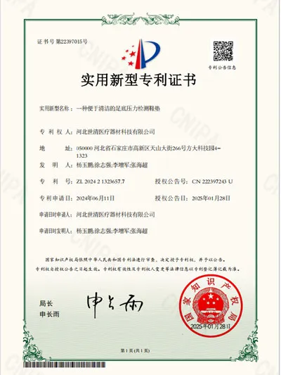 Utility Model Patent Certificate - A Foot Pressure Detection Insole that is Easy to Clean